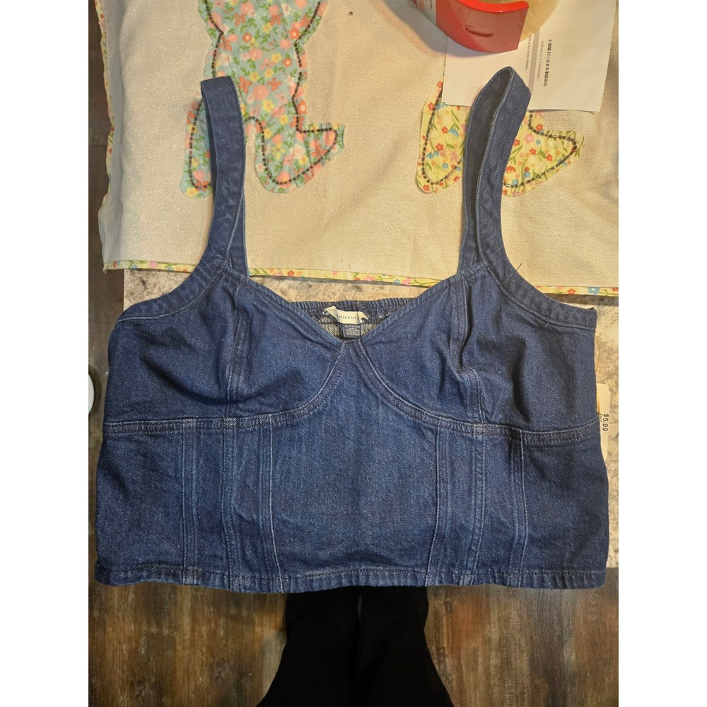 American Eagle Denim Corset Top Dark Wash Smocked Back XL TG EXG